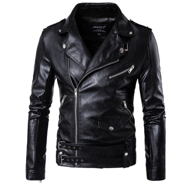 Men's leather motorcycle jacket with zipper closure and multi pockets