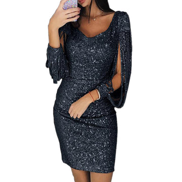 Women's Sequin Dress - Sparkling Sleeve Cutout - Bodycon Fit - Evening Wear