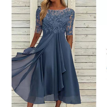 Women's Midi Dress - Lace Bodice - 3/4 Sleeve - Boat Neck - Flowy Layered Skirt