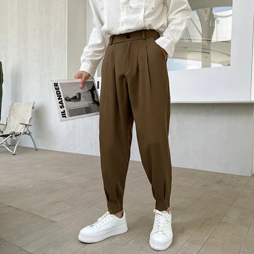 Men's high-waisted pleated pants with pockets