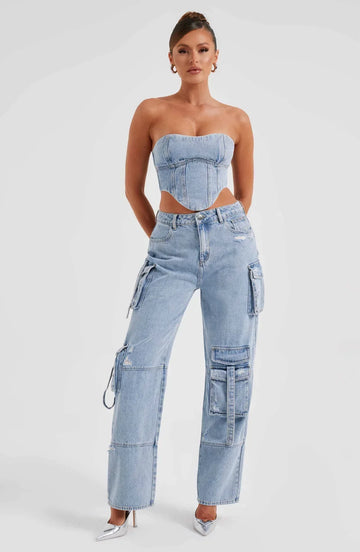 Women’s Corset Top – Denim Structured Fit – Cropped Strapless – Lace-Up Back