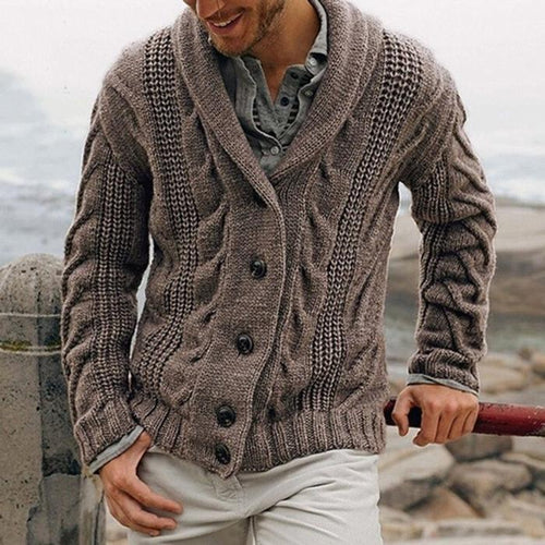 Men's Charcoal Cable-Knit Shawl Collar Cardigan