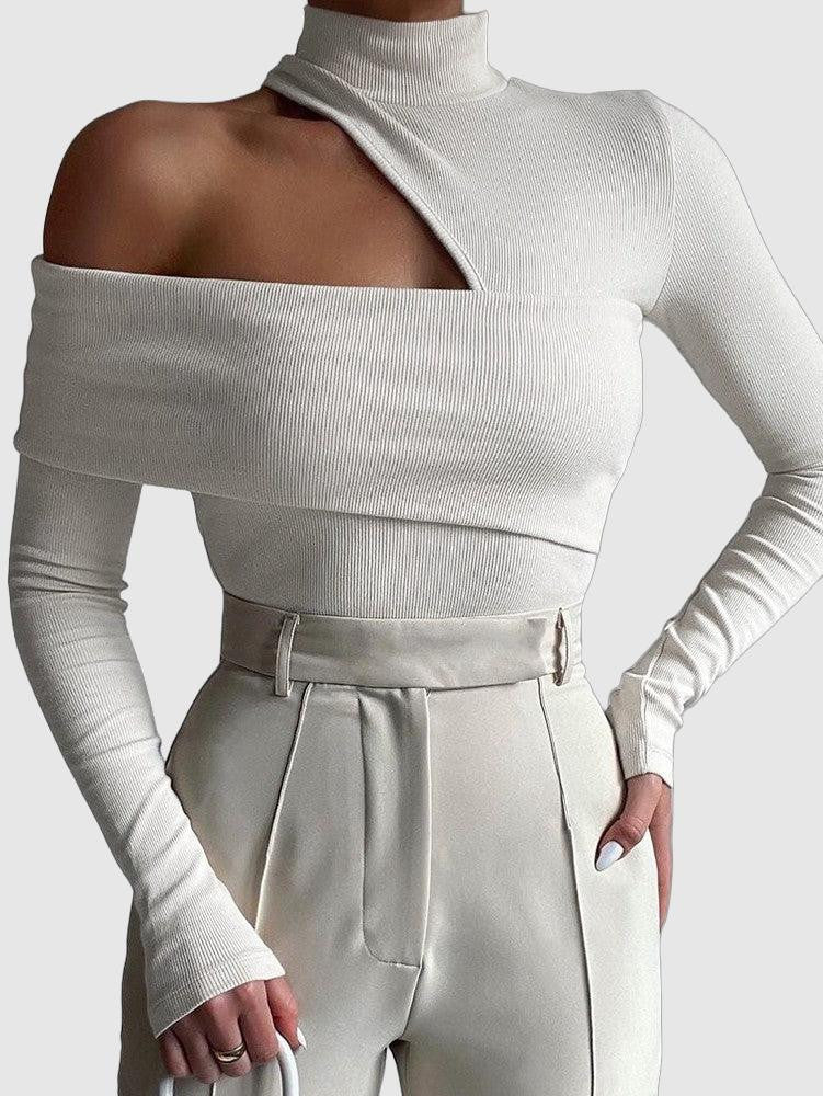 Urena - mock neck oblique cutout rib long sleeve knit top