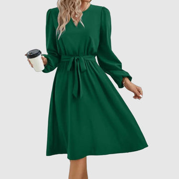 Women's Midi Dress - A-Line Silhouette - Long Puffed Sleeves - Belted Waist Elegant Fit