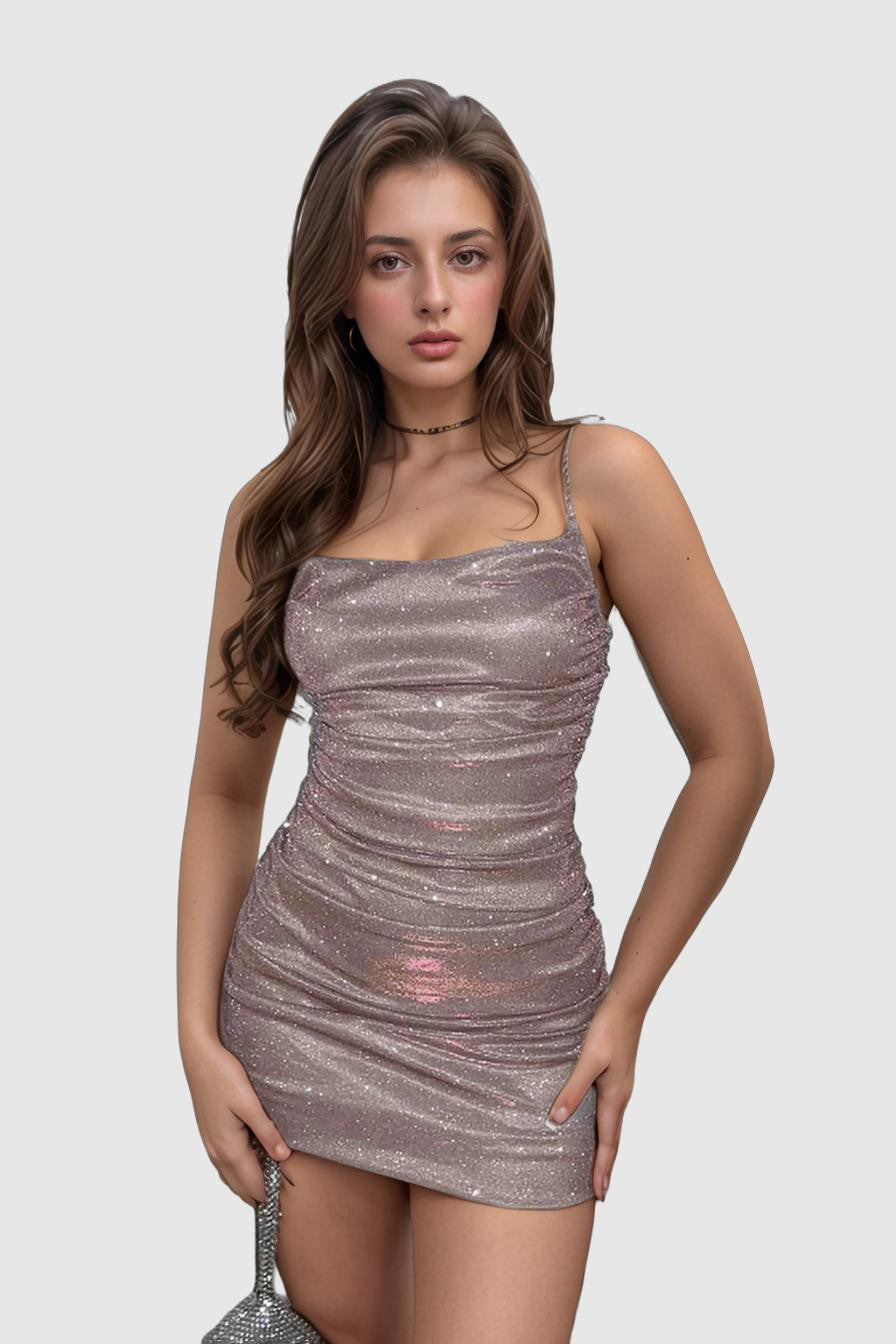 Women's Bodycon Mini Dress - Ruched Metallic Stretch - Thin Straps Partywear