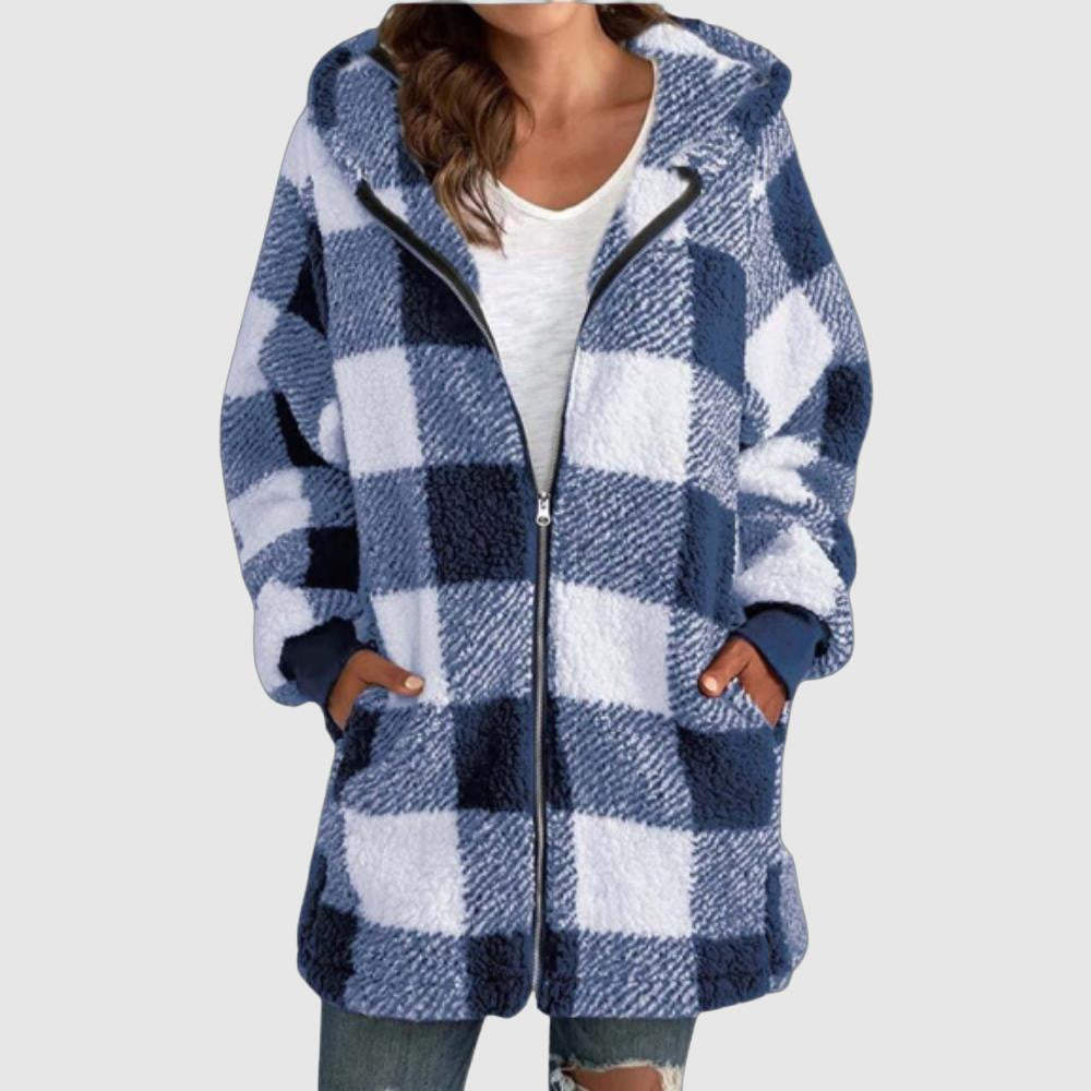 Women's plaid sherpa zip-up jacket for cozy days