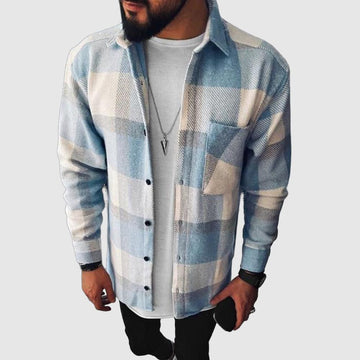 Men's casual long sleeve shirt with plaid pocket