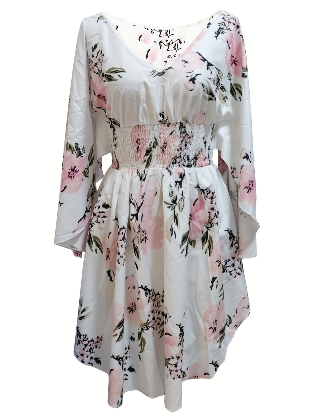 Women's Floral Print Dress - V-Neck - Long Sleeve - Smocked Waist - Ruffle Hem