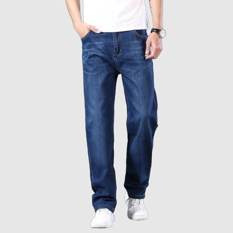 Men's business suit casual denim jeans with loose fit and elastic waistband