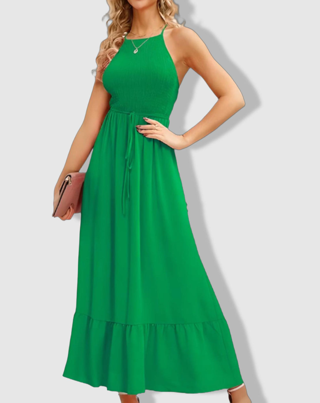 Women's Maxi Dress - Sleeveless Halter Neck - Shirred Bodice - Tiered Flowy Skirt