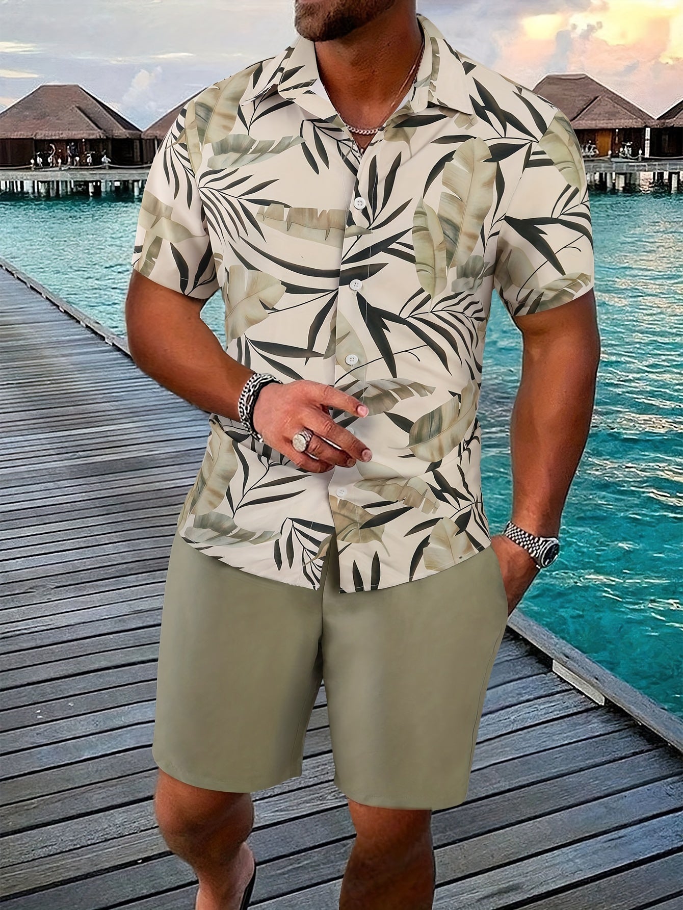 Tropical print shirt and solid shorts set for men