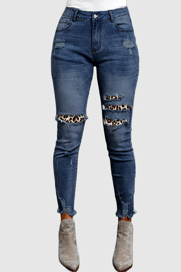 Sage - leopard patchwork ripped skinny high waist pants