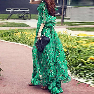 Women's green bohemian maxi dress with cutout detailing