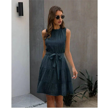 Women's Sleeveless Dress - High Neck Pleated - Belted Waist - Tiered Flowy Skirt