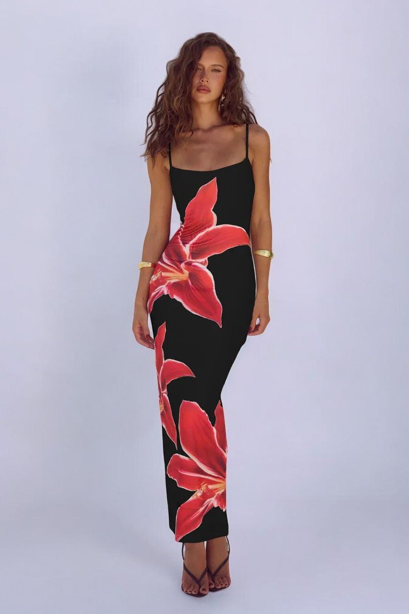 Women's Maxi Dress - Floral Print - Spaghetti Straps - Elegant Formal Fit