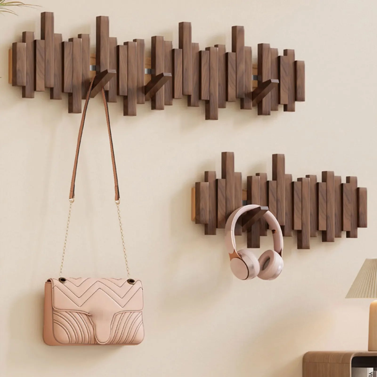 Walnut Wood Fold-Out Wall Hook Rack