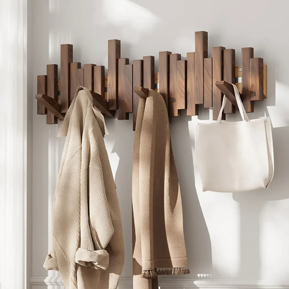 Walnut Wood Fold-Out Wall Hook Rack