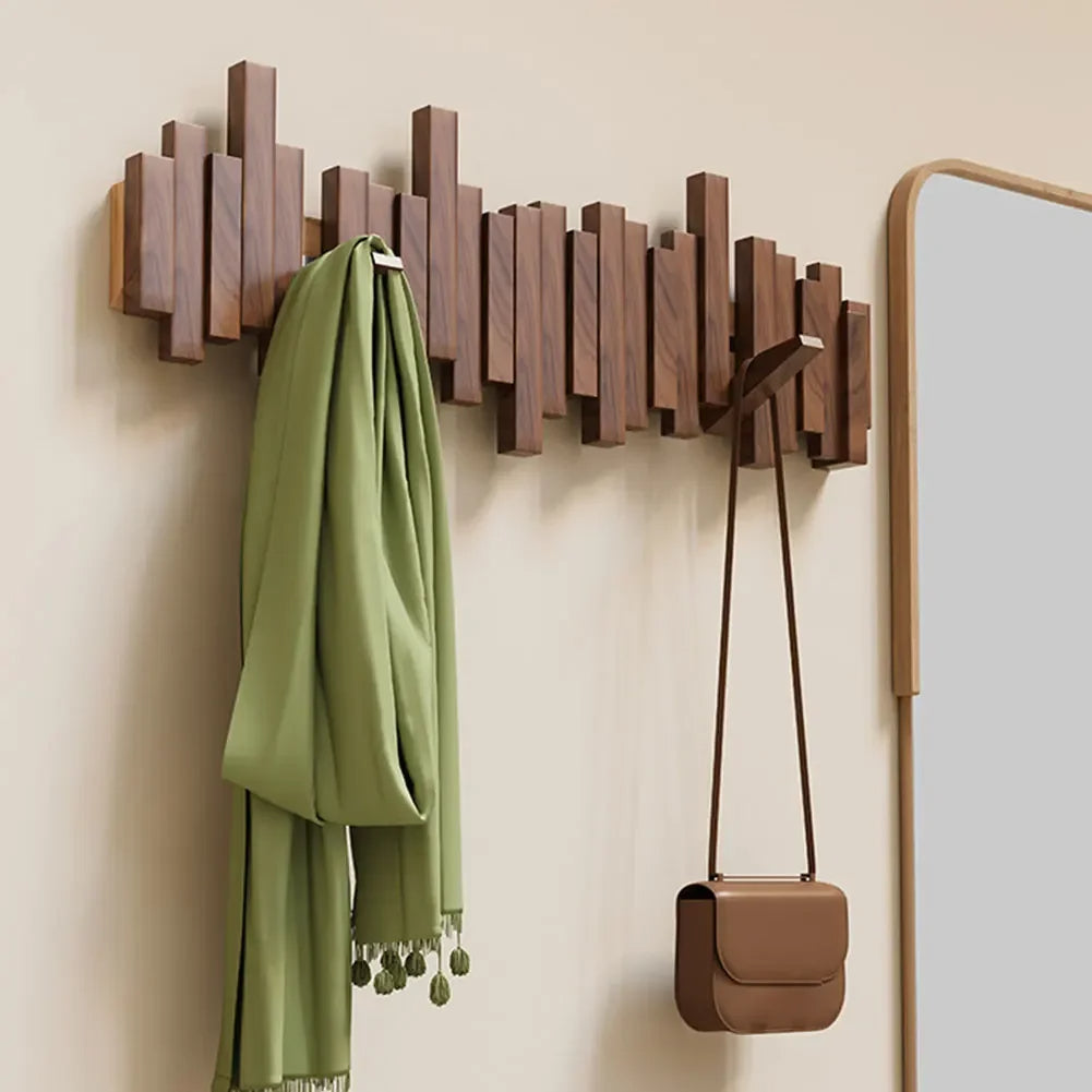 Walnut Wood Fold-Out Wall Hook Rack