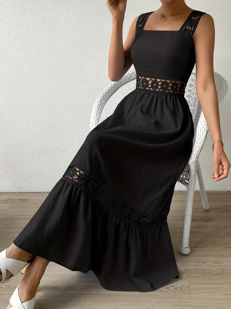 Women's Maxi Dress - Sleeveless Square Neck - Lace Detail - Flowing A-Line Fit