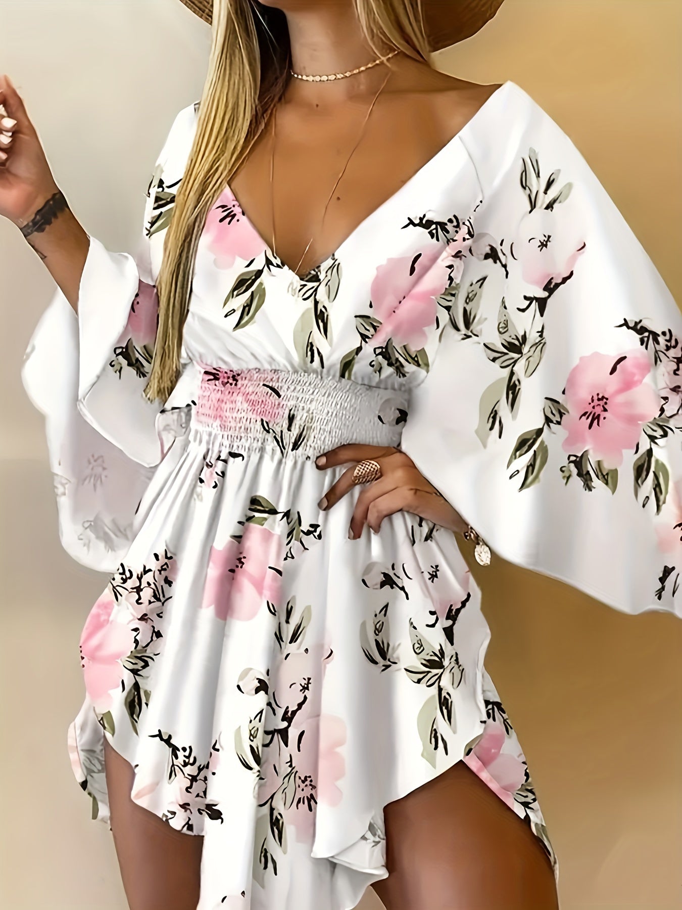 Women's Floral Print Dress - V-Neck - Long Sleeve - Smocked Waist - Ruffle Hem