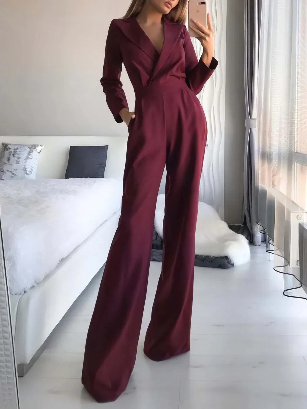 Women's Elegant Business Jumpsuit – Formal Long Sleeve One-Piece Outfit