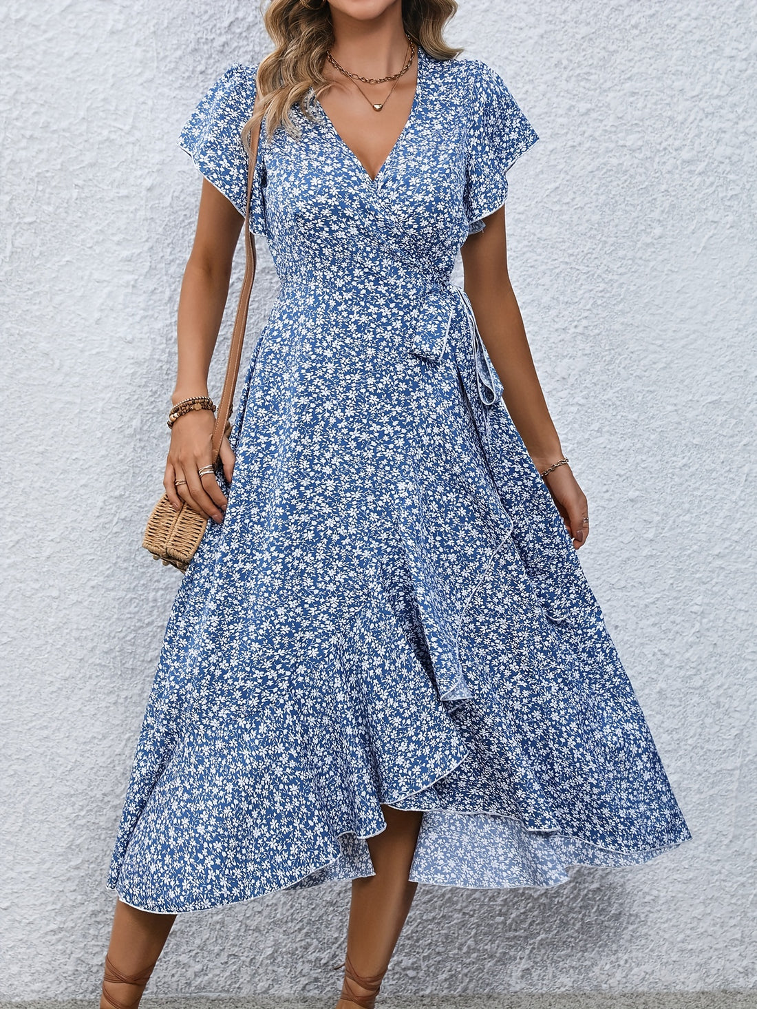 Floral print surplice neck tied dress women