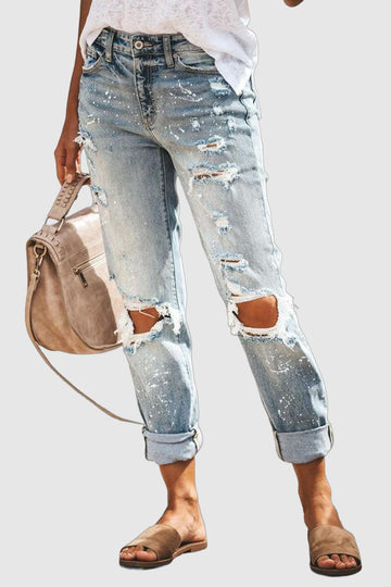 Liva - Fashion Street Solid Ripped Loose-Fit Denim Jeans