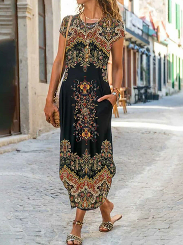 Women's Maxi Dress - Bohemian Paisley Floral - Short Sleeve Relaxed Fit Round Neck