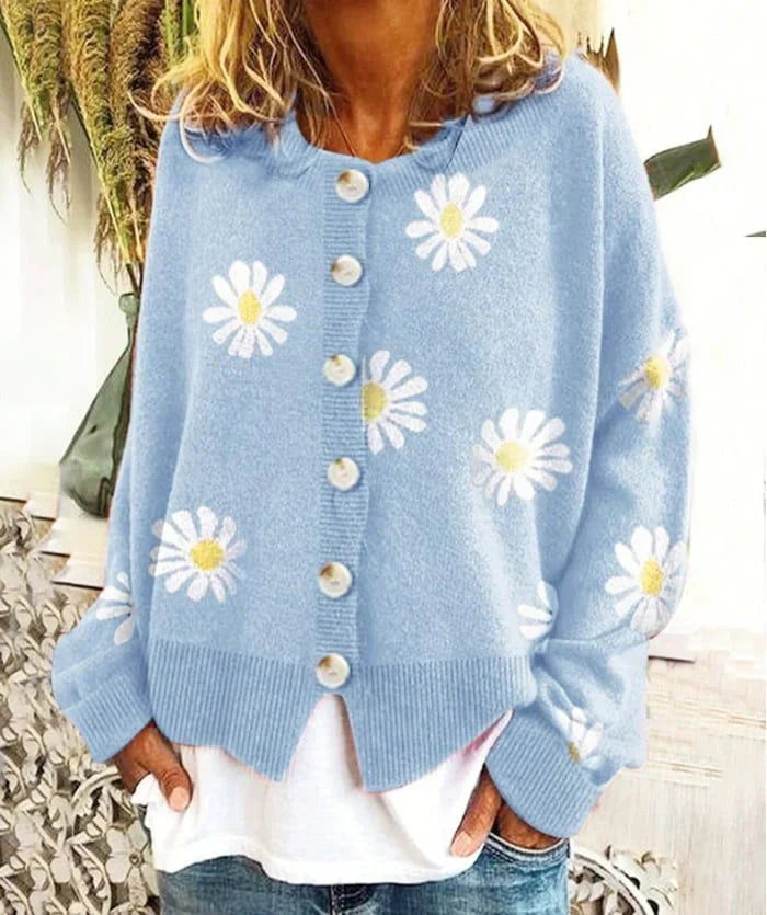 Women's daisy-embroidered button-down cardigan