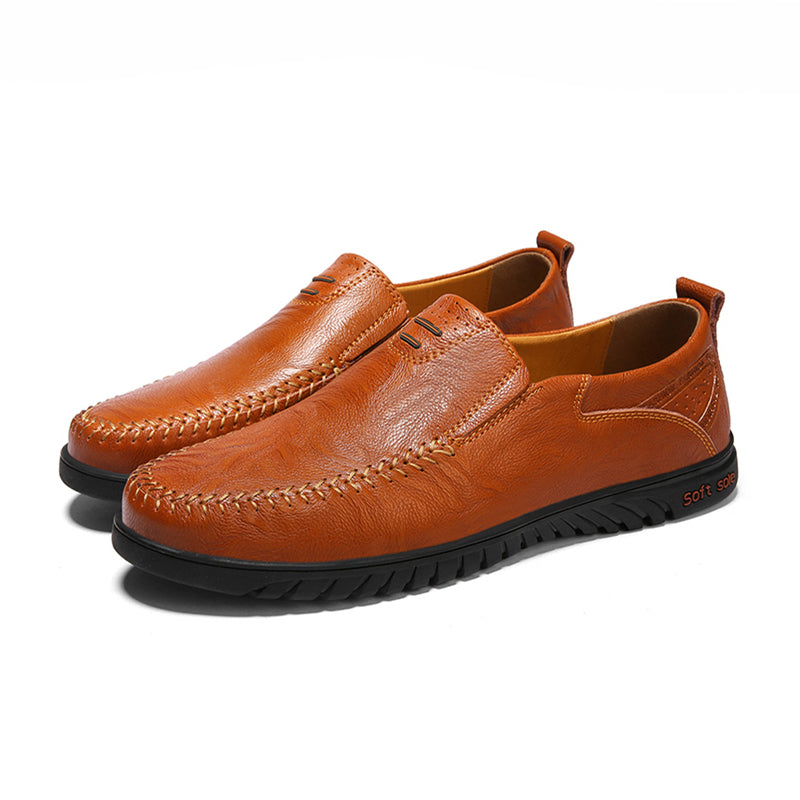 Men's brown leather loafers with stitching