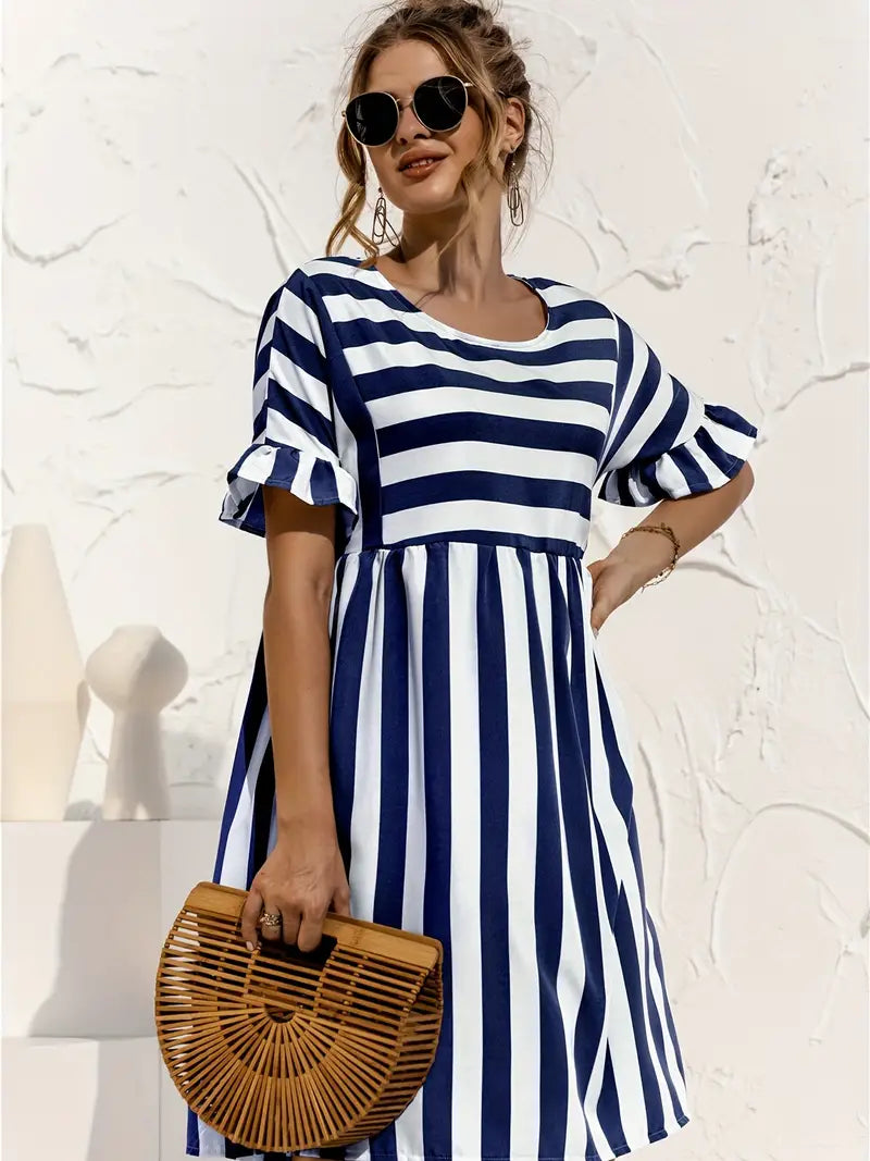 Women's A-Line Dress - Short Sleeve Ruffle - Striped Loose Fit Casual Wear