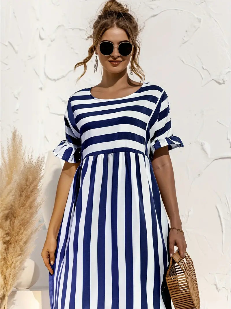 Women's A-Line Dress - Short Sleeve Ruffle - Striped Loose Fit Casual Wear