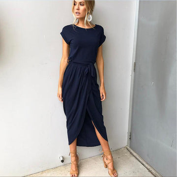 Women's Maxi Dress - Elegant Wrap Style - Short Sleeve - Side Split - Versatile Fashion