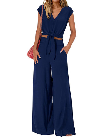 Concetta - Women's V-Neck Lace-Up Top with High Waist Wide Leg Pants Set