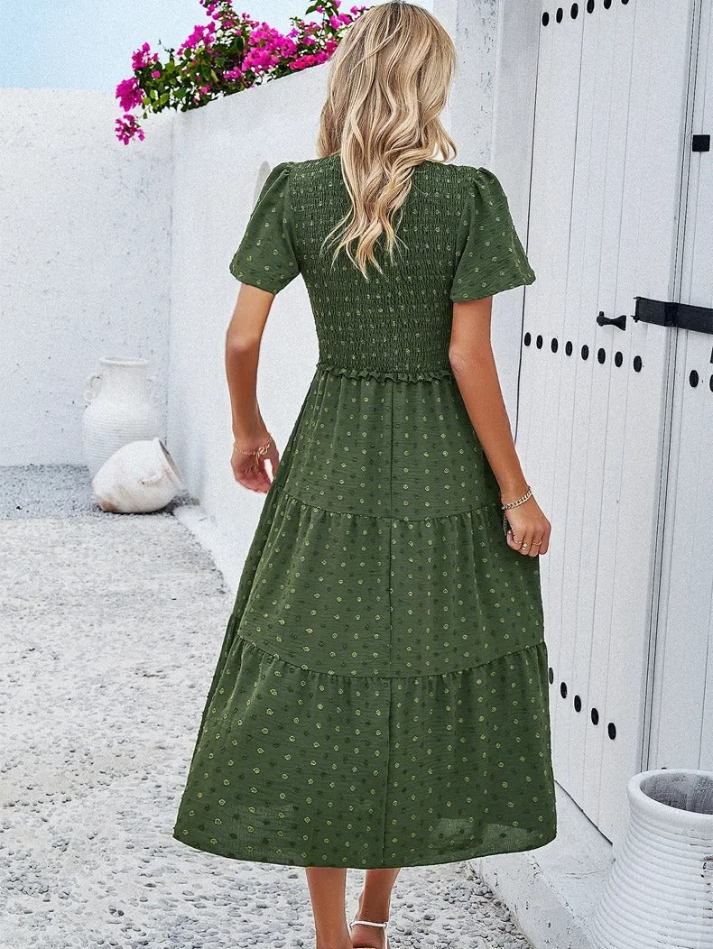 Women's Maxi Dress - Smocked Bodice - Short Puff Sleeves - Tiered Flowy Skirt