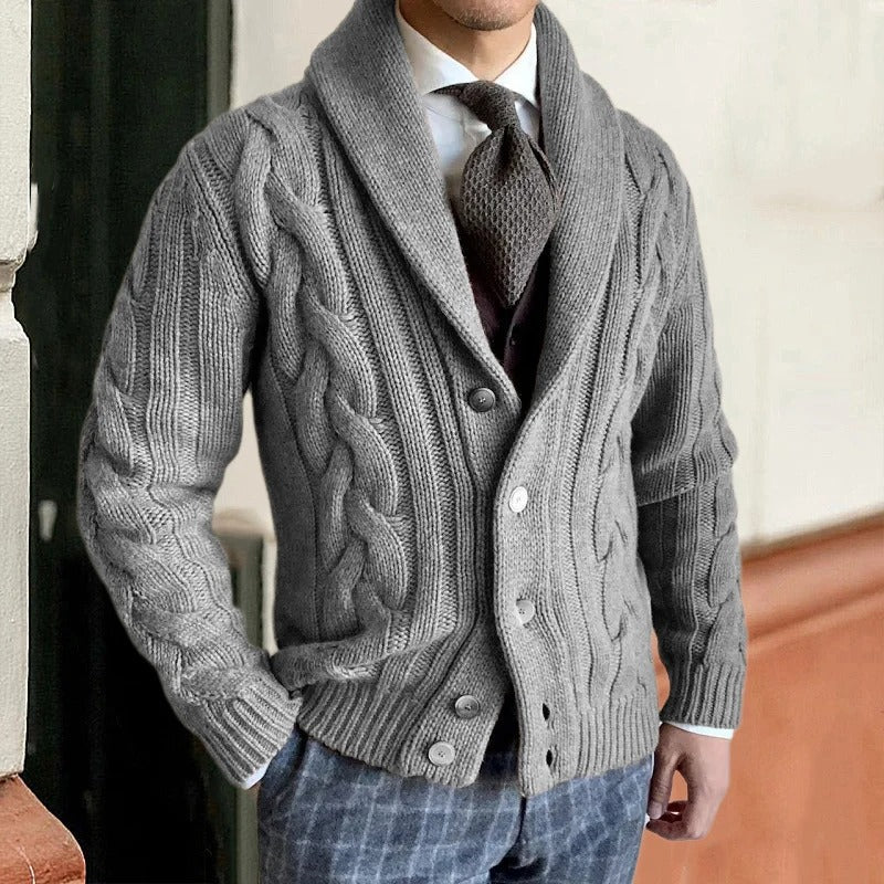 Men's shawl-collar cable knit cardigan