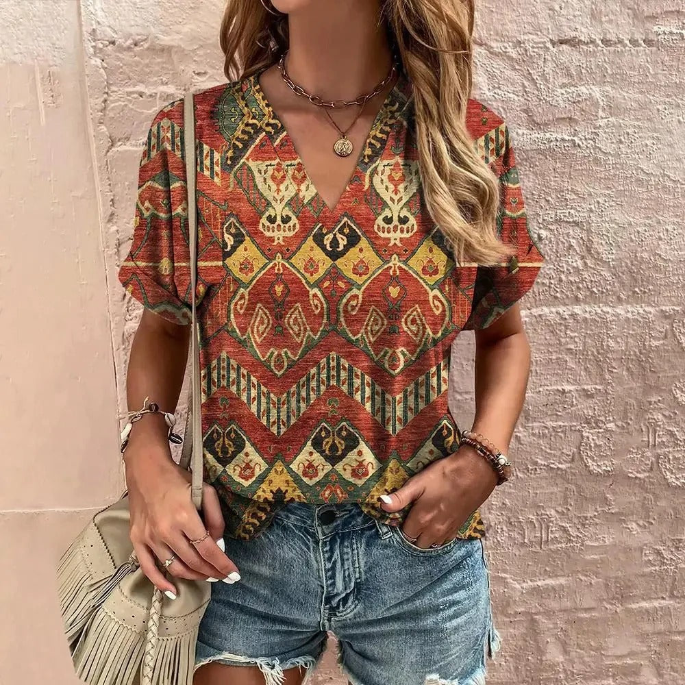 Women's bohemian print V-neck top for a free-spirited vibe