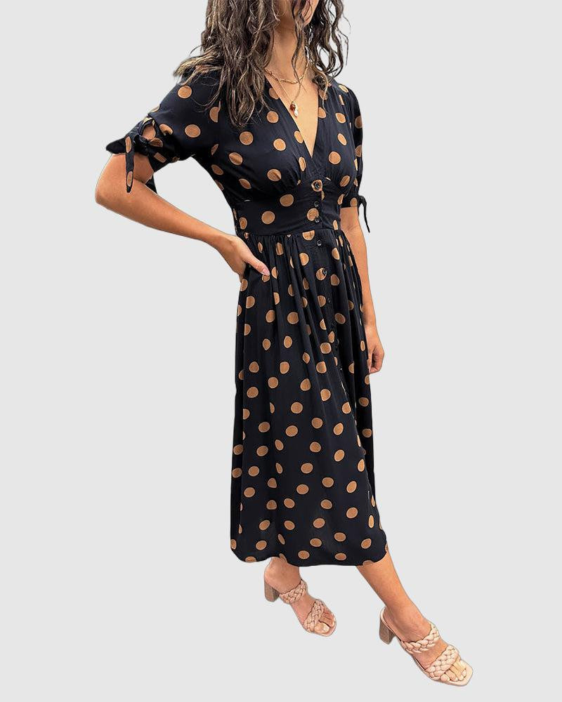 Women's Midi Dress - Polka Dot - V-Neck - Short Sleeve Tie Detail - Flowy Fit