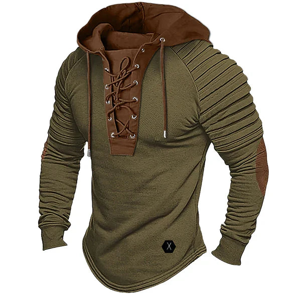 Men's long sleeve hooded sweatshirt with lace-up detail