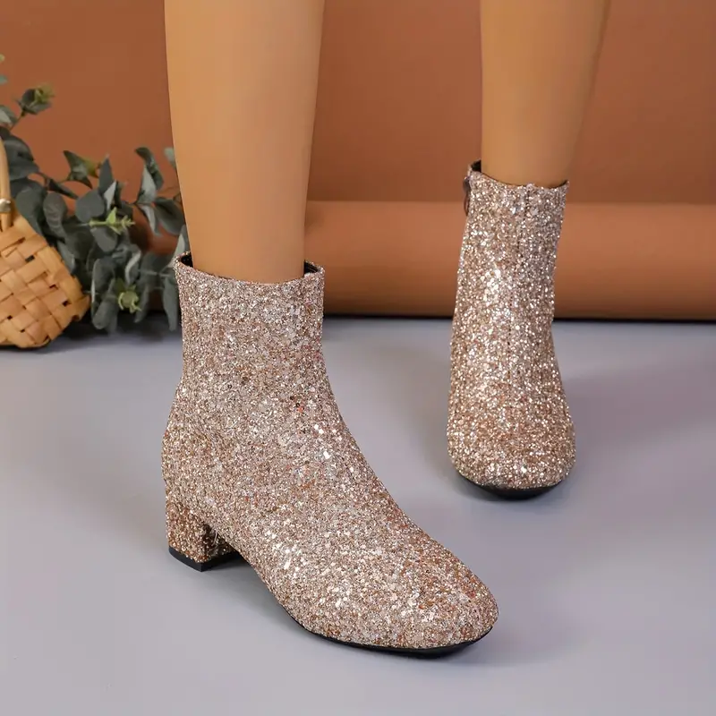 Women’s Ankle Boots - Almond Toe - Mid Block Heel - Glitter Finish