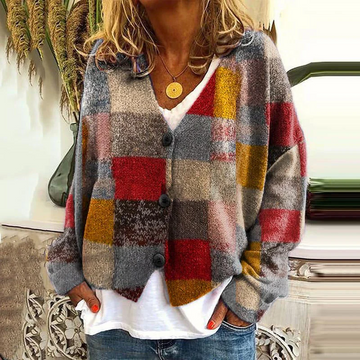 Women’s Cardigan – Relaxed Fit Knit – Patchwork Floral Design – Button Front Layering
