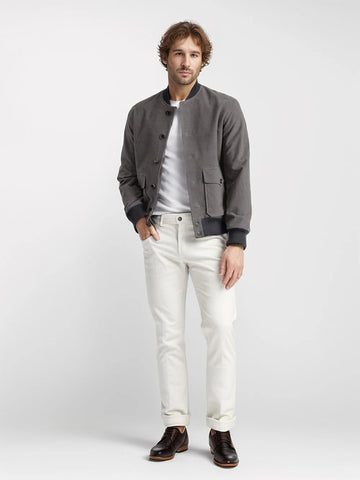 Men's grey bomber jacket with button-down front