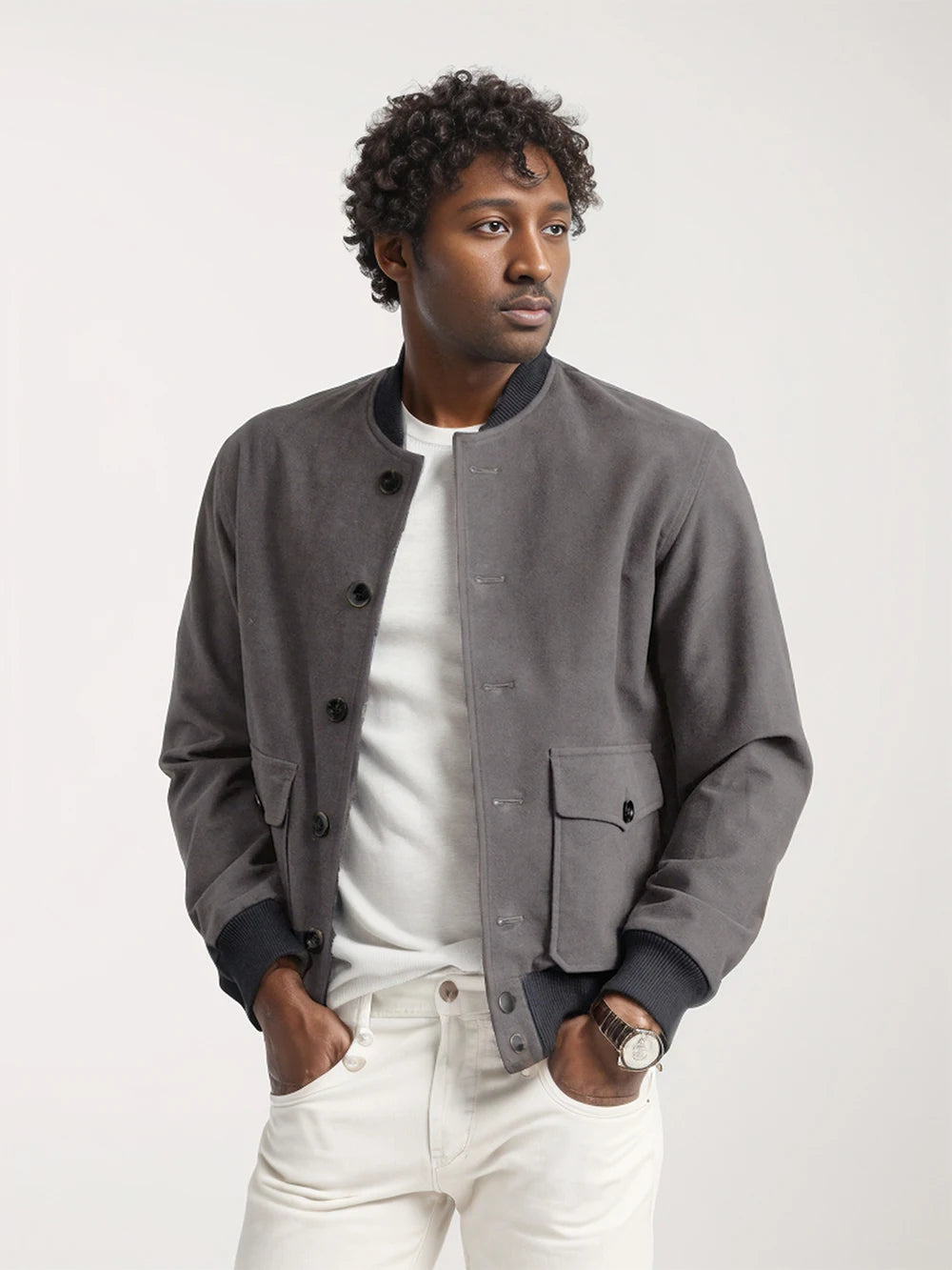 Men's grey bomber jacket with button-down front