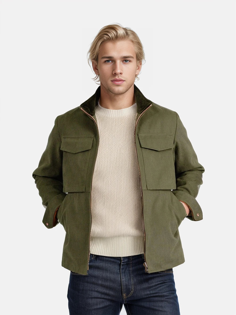 Men's olive green utility jacket with zip closure