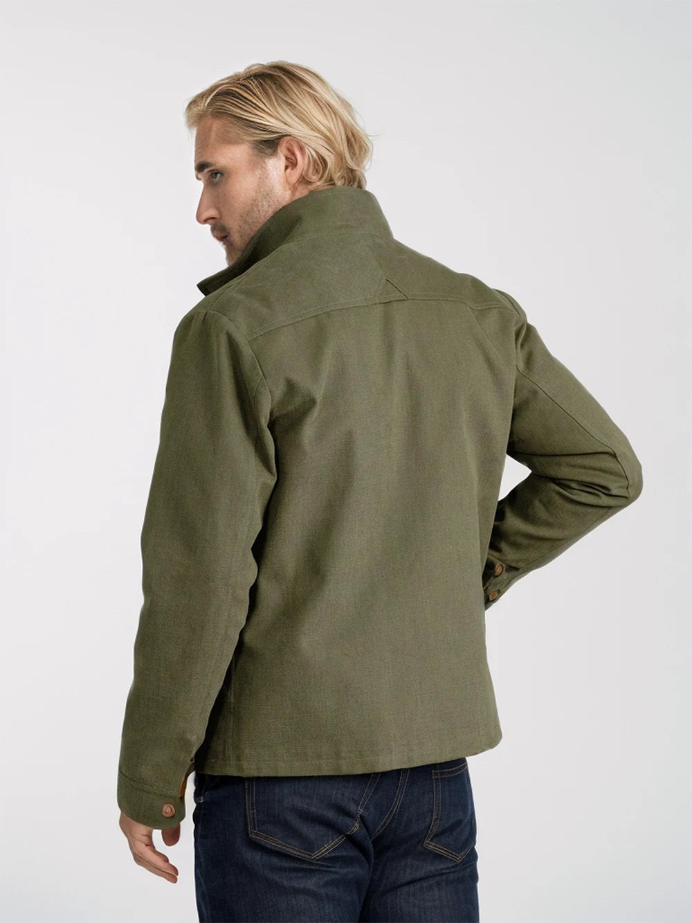 Men's olive green utility jacket with zip closure