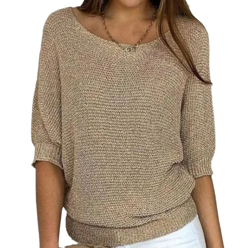 Women’s Knitted Top – Relaxed Fit – Puff Sleeves – Ribbed Hem and Cuffs – Hip Length
