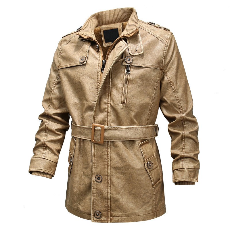 Men’s Trench Coat – Washed Leather Look – Regular Fit – Plush Lined – Belted Waist