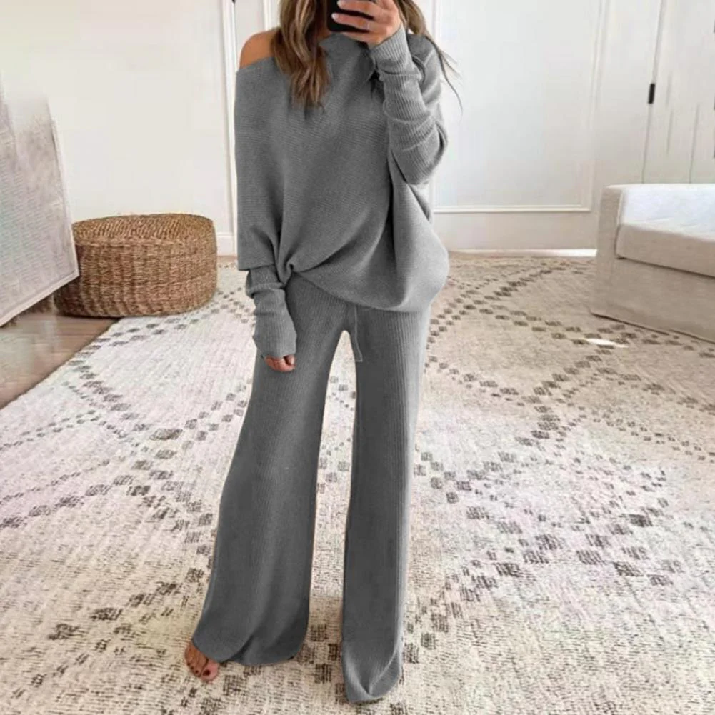 Women’s Two-Piece Loungewear Set – Soft Knit – Oversized Fit – One-Shoulder Top – Wide-Leg Pants
