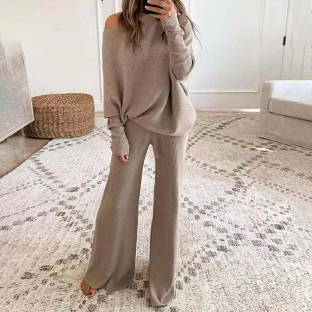 Women’s Two-Piece Loungewear Set – Soft Knit – Oversized Fit – One-Shoulder Top – Wide-Leg Pants