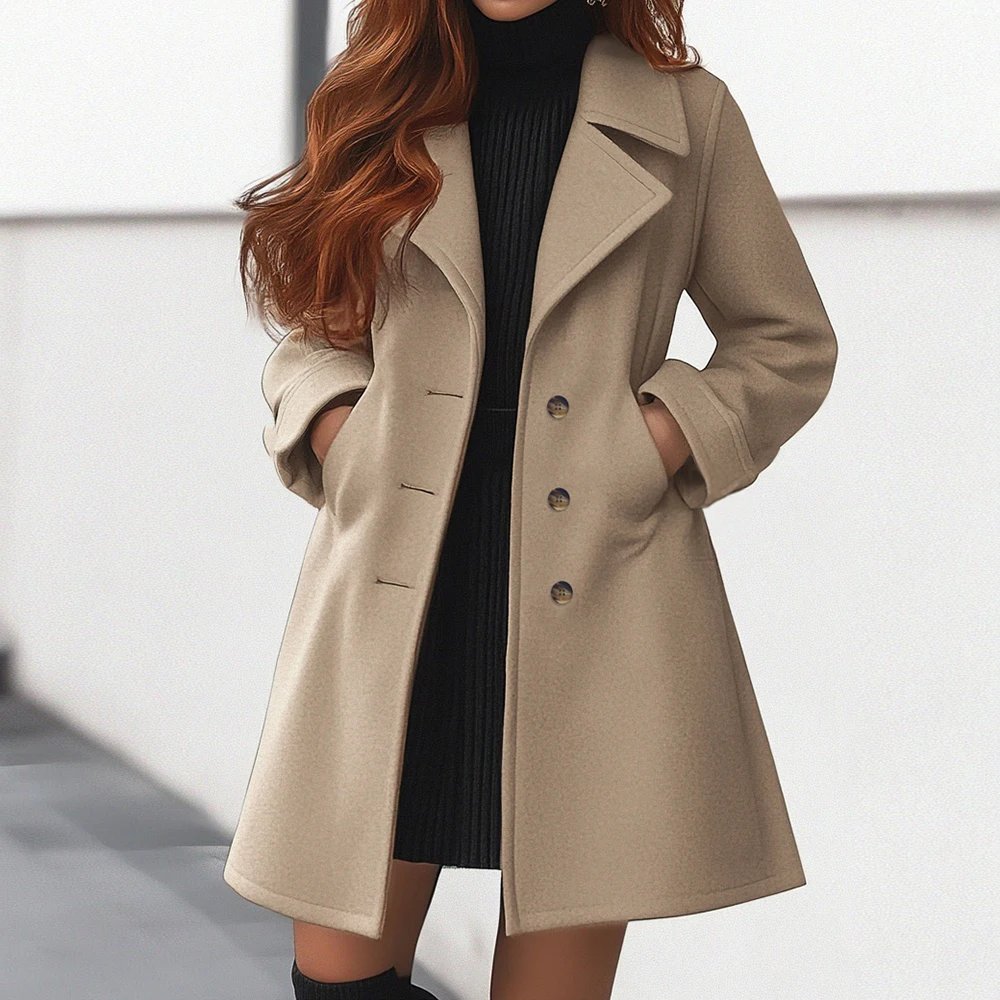 Women’s Long Coat – Tailored Fit – Wool Feel – Single Breasted – Lapel Collar
